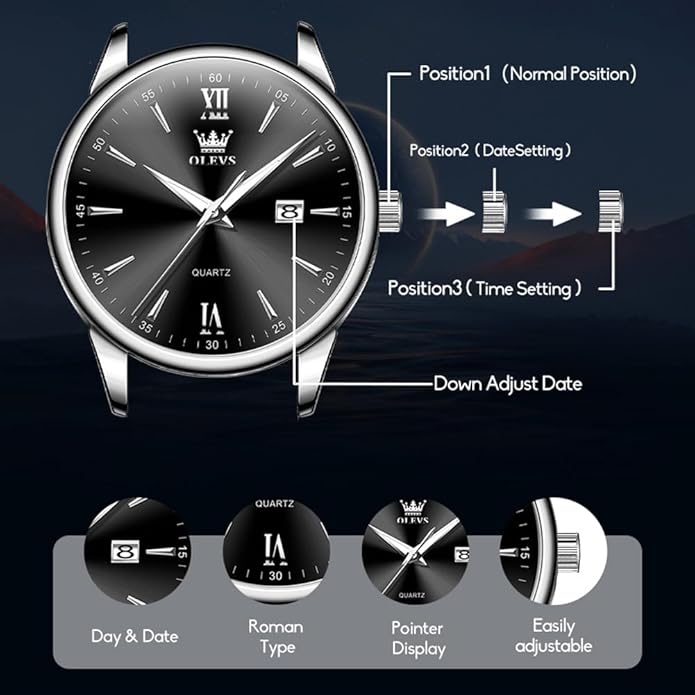OLEVS Mens Watches Vintage Leather Band Dress Classic Easy Reader Arabic Numerals Analog Quartz Waterproof Date and Day Blue/Black/White Large Face Men's Wrist Watches