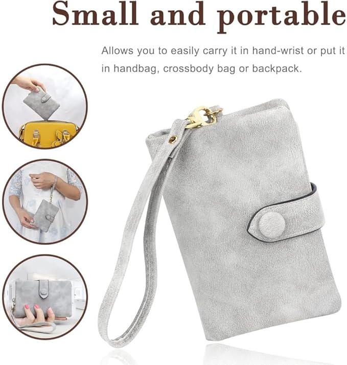 Women's Leather Wristlet Wallet, Bifold RFID Purse with ID Window, Zipper Coin Pocket for Daily Essentials (grey)