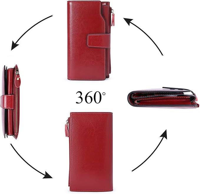 Women's Retro Long Wallet Genuine Leather RFID Blocking Large Capacity Clutch Purse in Brown (Dark Red)