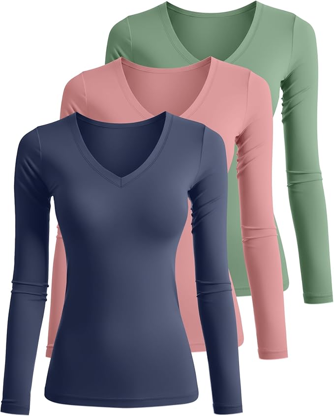 Ficerd 3 Pack Women's Long Sleeve Shirts, V Neck Basic Tees Slim Fitted Casual Fall Tops Going Out Blouses T Shirts