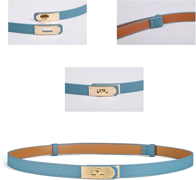 Skinny Leather Belts for Women with Adjustable Silver Turn-Lock Buckle for Dresses Jeans and Pants