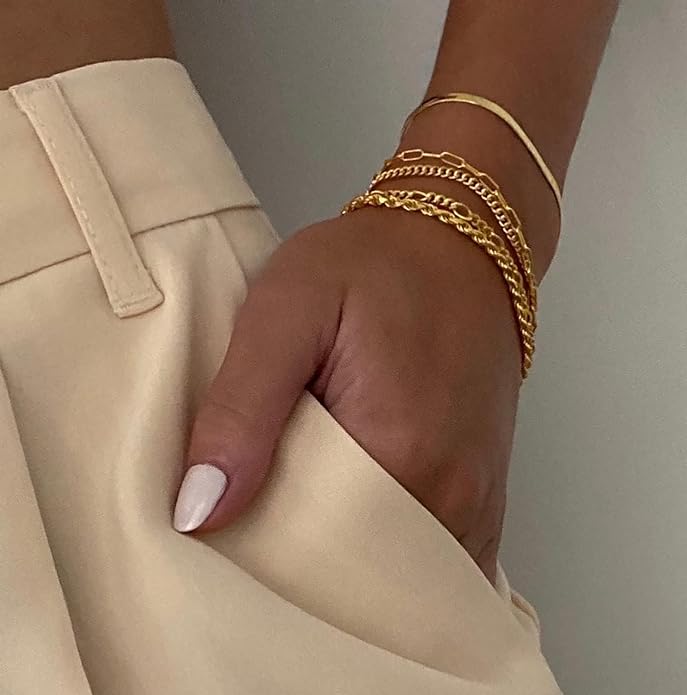 DEARMAY Gold Bracelets for Women Waterproof, 14K Gold Plated Jewelry Sets Trendy Thin Dainty Stackable Cuban Link Paperclip Chain Bracelet Pack Fashion Accessories Gifts for Womens