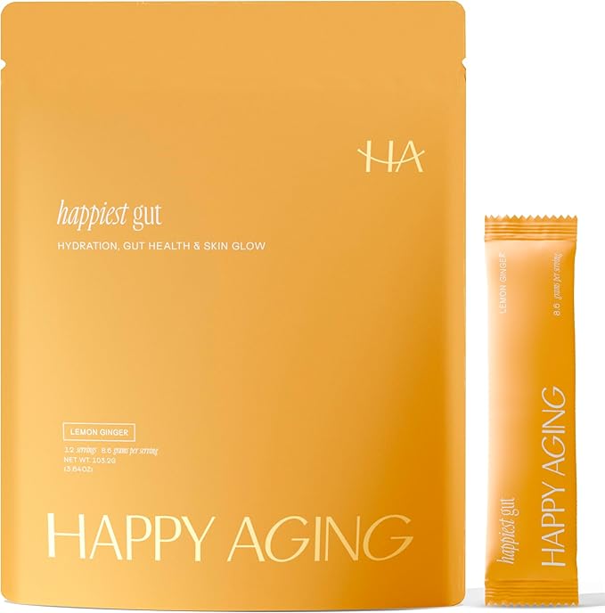 Happy Aging Happiest Gut Hydration Powder – Electrolytes + Probiotics + Dual Prebiotics + Hyaluronic Acid – Gut Balance, Skin Hydration & Daily Wellness – 12 Sticks (Lemon Ginger)