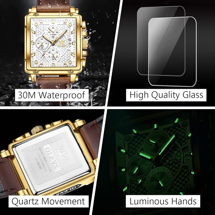 OLEVS Men's Casual Leather Watch, Big Face Chronograph Watch for Men, Fashion Easy to Read Dress Watch, Men's Waterproof Luminous Date Analog Watch, Gold/Black/White/Blue Dial