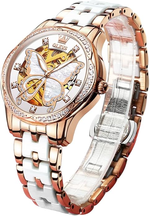 OLEVS Womens Automatic Watch, Premium Large Face Diamond Accented Self Winding Watches for Women, Fashion Waterproof Ladies Dress Watch, Two Tone Stainless Steel Ceramic Bracelet
