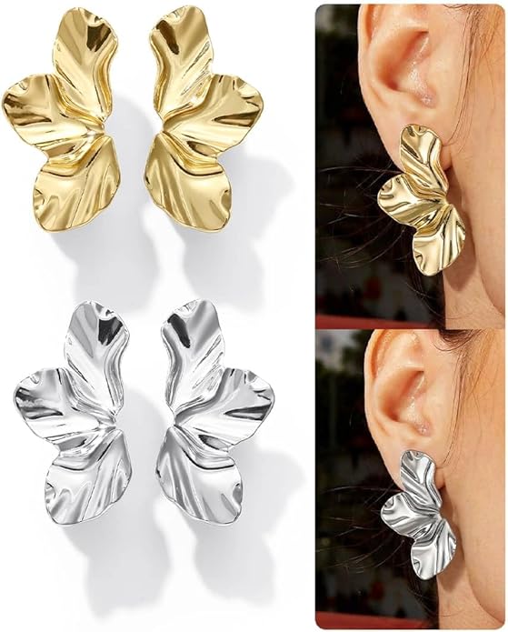 KRFY Statement Earrings 2 Pairs, S925 Sterling Silver Post 16K Plated Chunky Gold Earrings For Women Trendy, Hypoallergenic Big Flower Leaf Stud Earring Set, Silver Color Large Dangle Earrings Jewelry