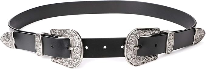 JASGOOD Double Buckle Western Belts For Woman Cowgirl Country Belt Vintage Black Leather Belt For Jeans Pants Dresses