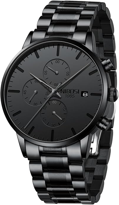 NIBOSI Men's Watches Analog Minimalist Black Dial Watches for Men Business Chronograph Military Casual Wrist Watches Stainless Steel Strap Date