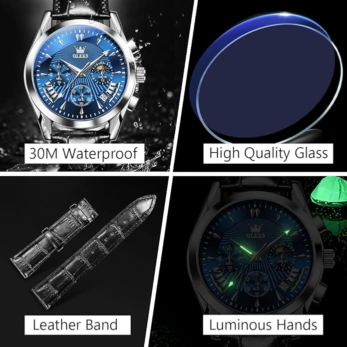 OLEVS Men's Casual Leather Watch, Big Face Chronograph Watch for Men, Fashion Easy to Read Dress Watch, Men's Waterproof Luminous Date Analog Watch, Gold/Black/White/Blue Dial
