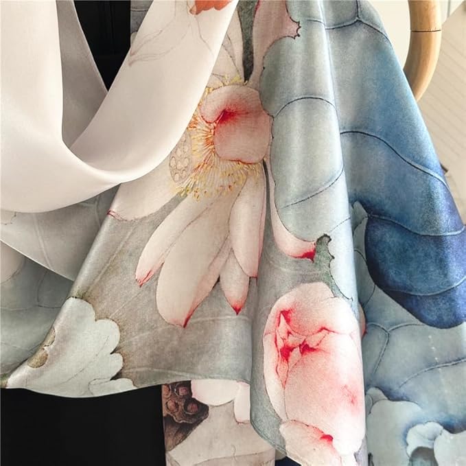 100% Mulberry Silk Scarfs for Women Floral Print Satin Long Scarf for Headscarf Hair Wraps Shawl with Gift Packed