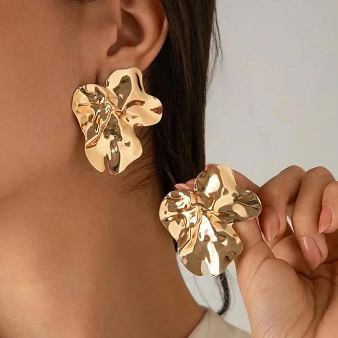 Gold Flower Statement Earrings for Women, 14K Gold Plated Large Irregular Leaf Floral, Big Chunky Dangle Earrings Set