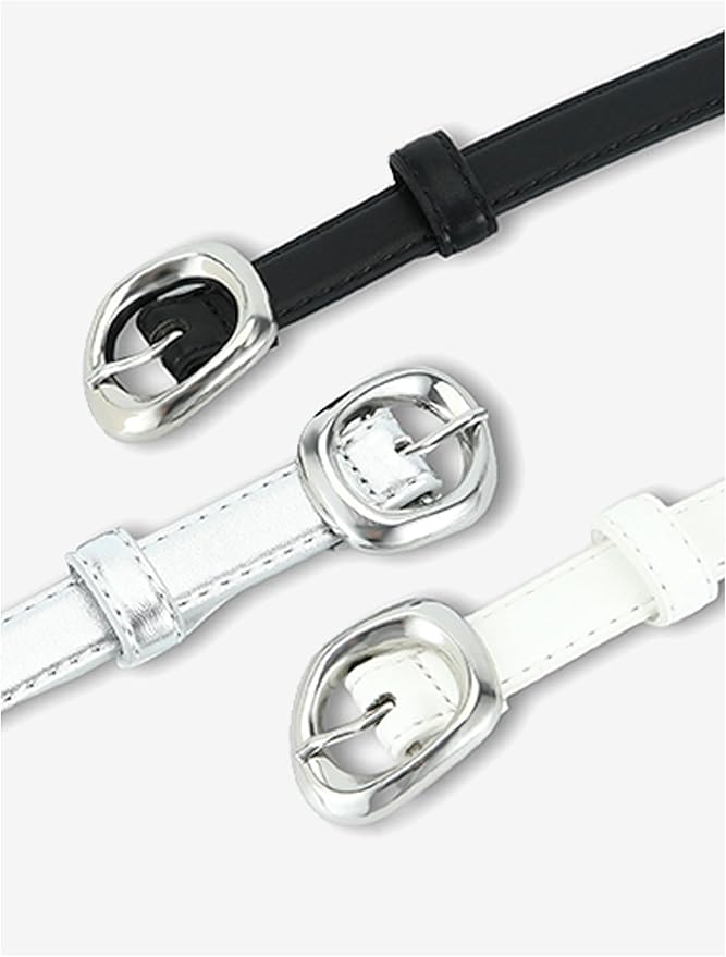 Thin Belt for Women Jeans Faux Leather Ladies Skinny Waist Belts for Dresses Pants with Trendy Gold/Silver Buckle