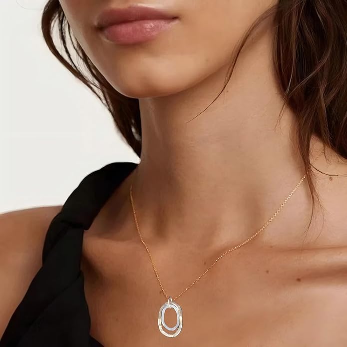 Jojomina Mixed Metal Necklace Gold and Silver Circle Pendant Two Tone Ring Necklaces for Women Western Boho Jewelry