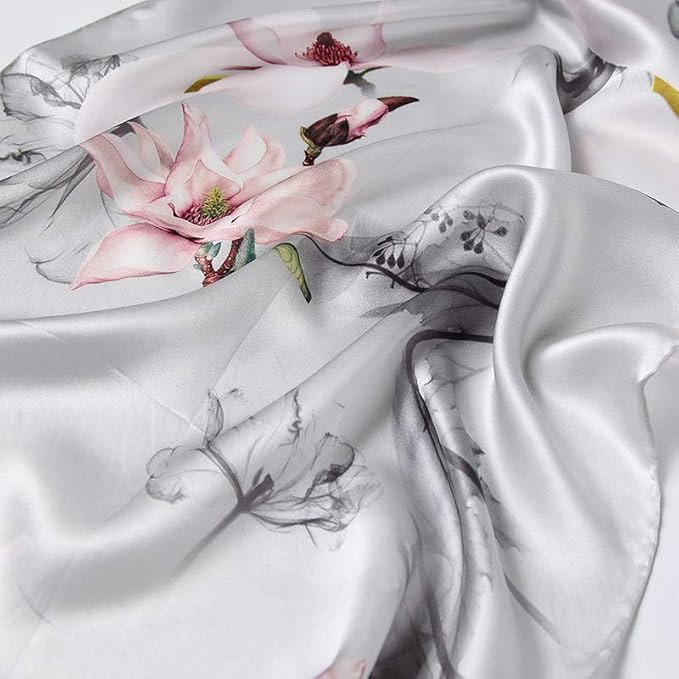 100% Mulberry Silk Scarfs for Women Floral Print Satin Long Scarf for Headscarf Hair Wraps Shawl with Gift Packed