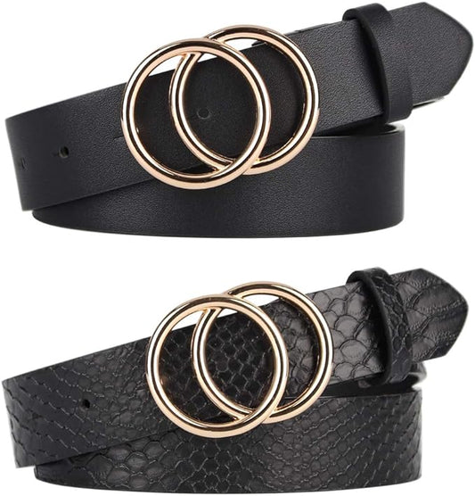 UnFader Pack 2 Women Belts for Jeans with Fashion Double O-Ring Buckle and Faux Leather