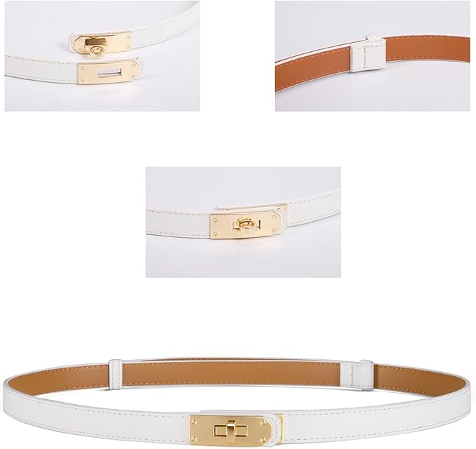Skinny Leather Belts for Women with Adjustable Silver Turn-Lock Buckle for Dresses Jeans and Pants