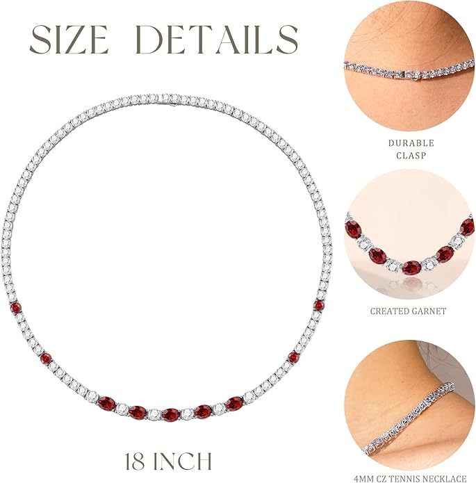 FANCIME Sterling Silver Tennis Necklace 4mm 18 inch Birthstone Necklace with 6 * 8mm Oval Gemstone Luxury Fine Birthday Jewelry Gifts for Women