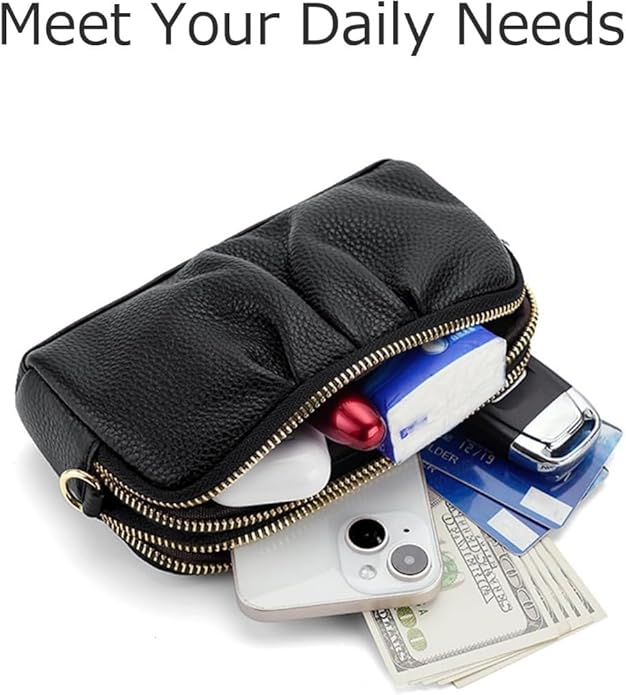 Genuine Leather Wristlet for Women, Ruched Clutch Wallet Purse, Compact Ladies Wristlet with Card Slots