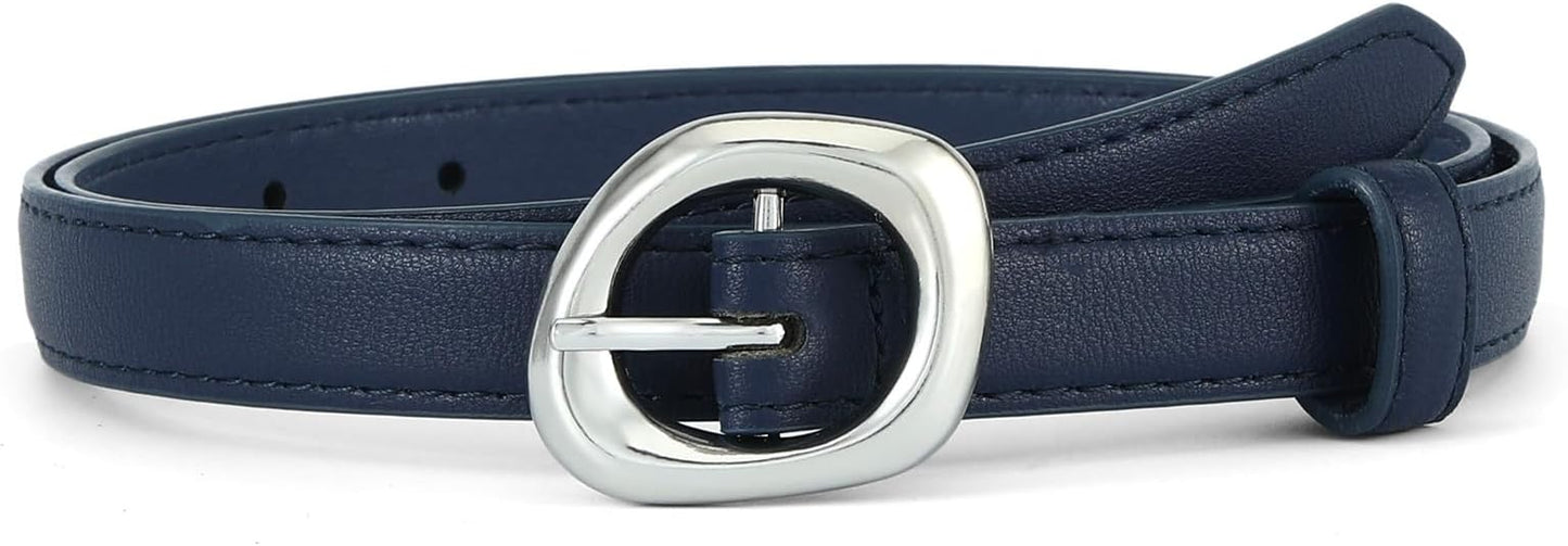 Thin Belt for Women Jeans Faux Leather Ladies Skinny Waist Belts for Dresses Pants with Trendy Gold/Silver Buckle