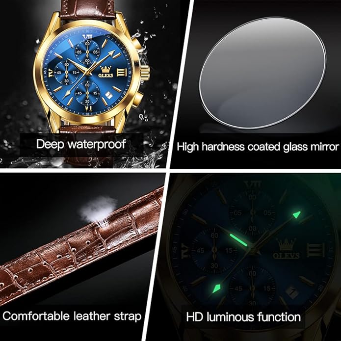 OLEVS Men's Watches Brown Leather with Date,Casual Watches for Men,Large Face Watches Men,Chronograph Mens Watch,Sport Waterproof Business Dress Analog Quartz Men's Wrist Watches Reloj De Hombre