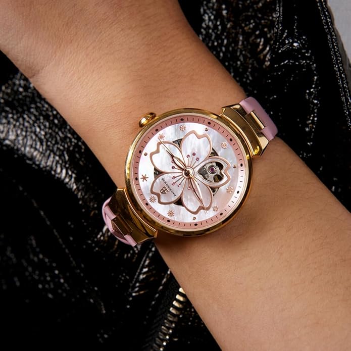 Women Watches Cherry Blossom Women's Watch Mother of Pearl Dial Ladies Watch with Leather Strap Sakura Petal Shape Cherry Blossom Watches for Women Sapphire Crystal Glass for Durability and Clarity