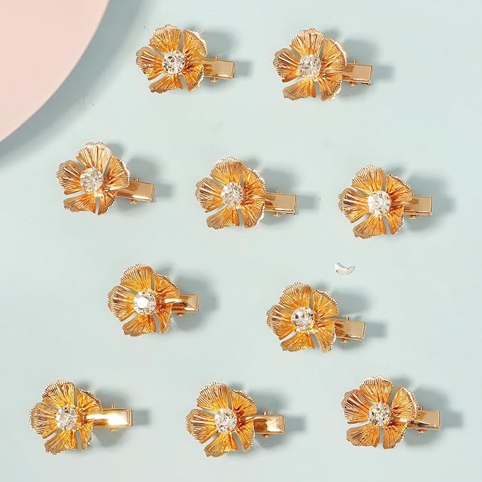 10PCS Small Flower Hair Clips Gold Crystal Hair Barrettes Alligator Hair Clips Floral Headpiece Rhinestone Floral Hair Accessories for Girls Women for Party Prom Birthday