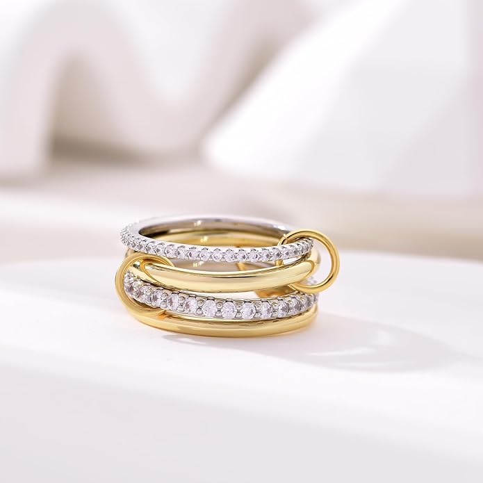 14K Gold Plated Interlocked Stackable Rings for Women Non Tarnish,Gold and Silver Cubic Zirconia Statement Rings Set,Mixed Metals Ring Two-Toned Connected Bands Stacking Jewelry
