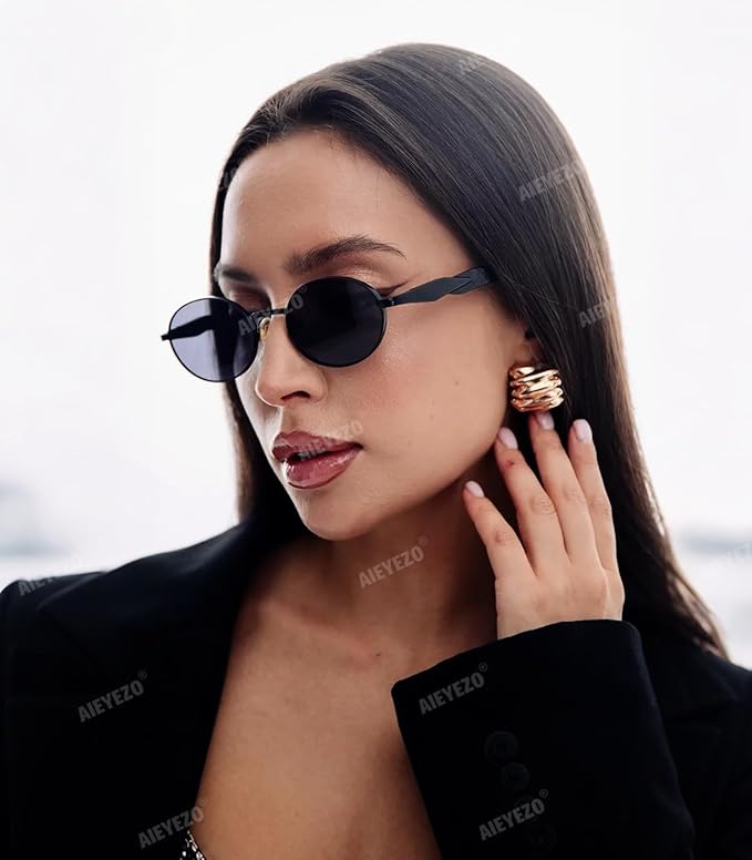 AIEYEZO Retro Oval Sunglasses for Women Men Trendy Fashion Round Sun Glasses Oval Metal Framed Shades