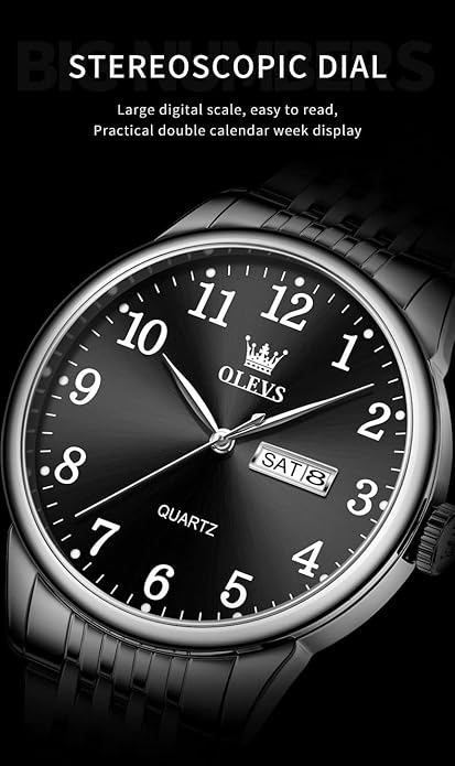 OLEVS Mens Watch Stainless Steel Analog Quartz Watches for Men Day Date Easy Read Diamond Waterproof Dress Luxury Classic Casual Big Face Blue/Black/Gold/Silver Roman Arabic Numerals Men's Wrist Watch