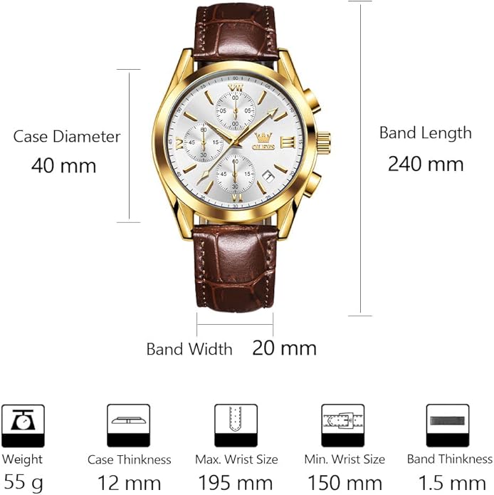 OLEVS Men's Casual Leather Watch, Big Face Chronograph Watch for Men, Fashion Easy to Read Dress Watch, Men's Waterproof Luminous Date Analog Watch, Gold/Black/White/Blue Dial