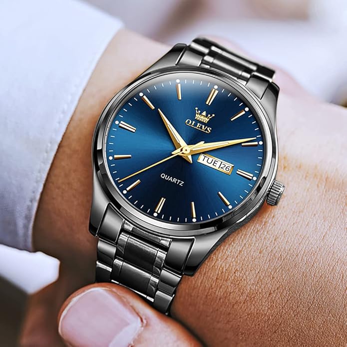 OLEVS Classic Men Watches with Date,Stainless Steel Man Watch with Date, Bussiness Watches for Men,Luminous Quartz Mens Watches Black/White/Blue/Gold, Waterproof Male Watch with Week