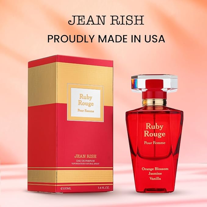 Jean Rish Ruby Rouge, Eau De Parfum for Women (3.4 Fl Oz / 100ml) with Orange Blossom, Jasmine, Vanilla - Long Lasting and Luxury Fragrance
