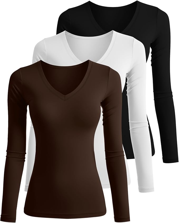 Ficerd 3 Pack Women's Long Sleeve Shirts, V Neck Basic Tees Slim Fitted Casual Fall Tops Going Out Blouses T Shirts
