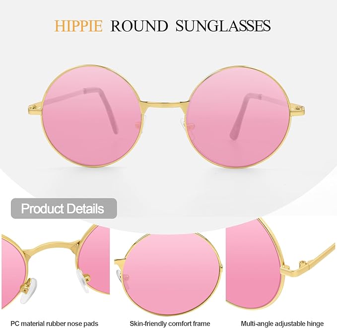 CHRORINE Hippie Sunglasses Round 70s Retro Glasses for Women Men Party Accessory Festival Fashion Vintage Sunglasses