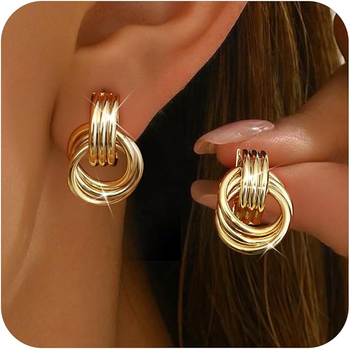 ORAZIO Chunky Gold Plated Knot Earrings for Womens Trendy 925 Silver Statement Lightweight Dangle Drop Hypoallergenic Large Geometric Stud Earring Jewelry for Women