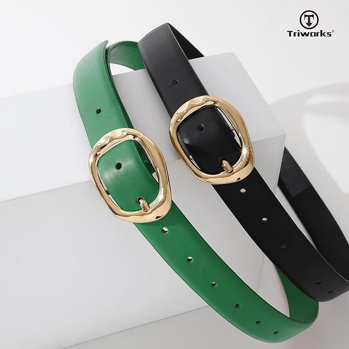TRIWORKS 2 Pack Leather Belts for Women Fashion Waist Belt with Liquid Shapes Women Belt for Jeans Pants Dresses