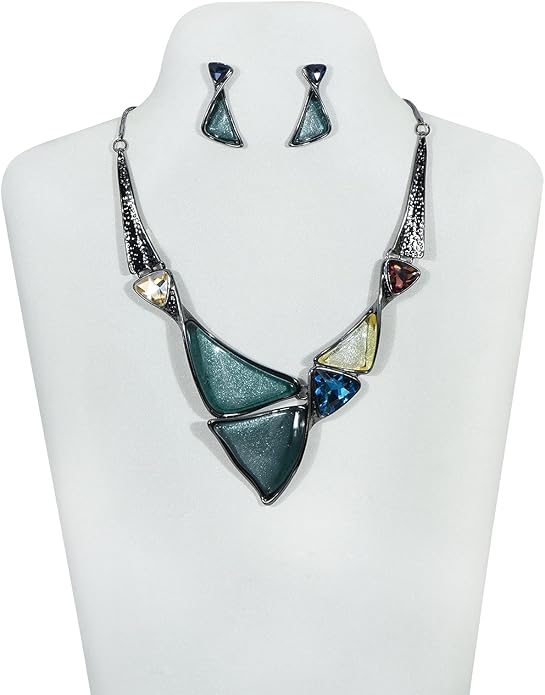 Irregular Enamel Triangle Shape Collar Bib Statement Necklace Earrings Set Women Bridal Jewelry