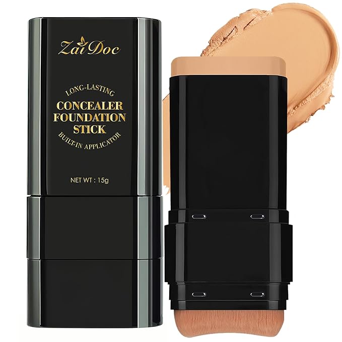 Concealer Foundation Stick, 2-in-1 Long-Lasting Foundation and Concealer with Brush, Creamy Full Coverage for Dark Circles & Blemishes, Hydrating Olive & Camellia, 2.09 Oz (04#)