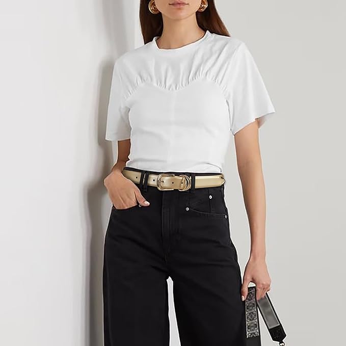 Women's Leather Belts with Gold Buckle Fashion Leather Waist Belt Elegant Ladies Belts for Jeans Dress & Casual Wear