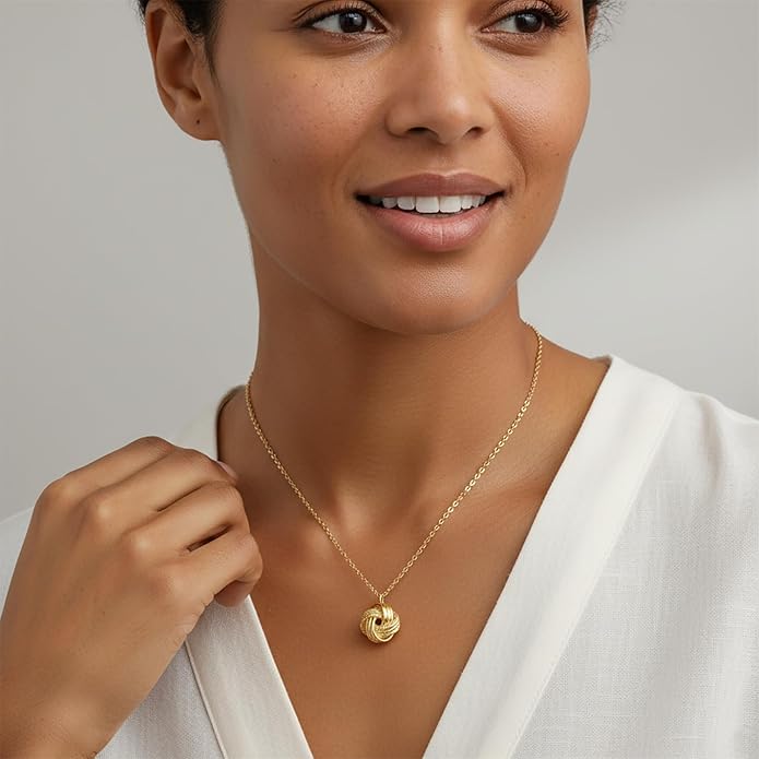 Gold Pendant Necklace 14K Gold Necklaces for Women Love Knot Necklace Artistic Knot Design with Stamped Textures Interlocking Circle Pendant Necklaces for Women Trendy