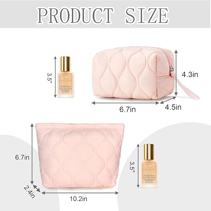 SERENEDWELLING2 PCS Quilted Makeup Bag Set Coquette Cosmetic Bag Toiletry Travel Organizer, Small Medium Large, Cute Portable Puffy for Women Girls, Pink