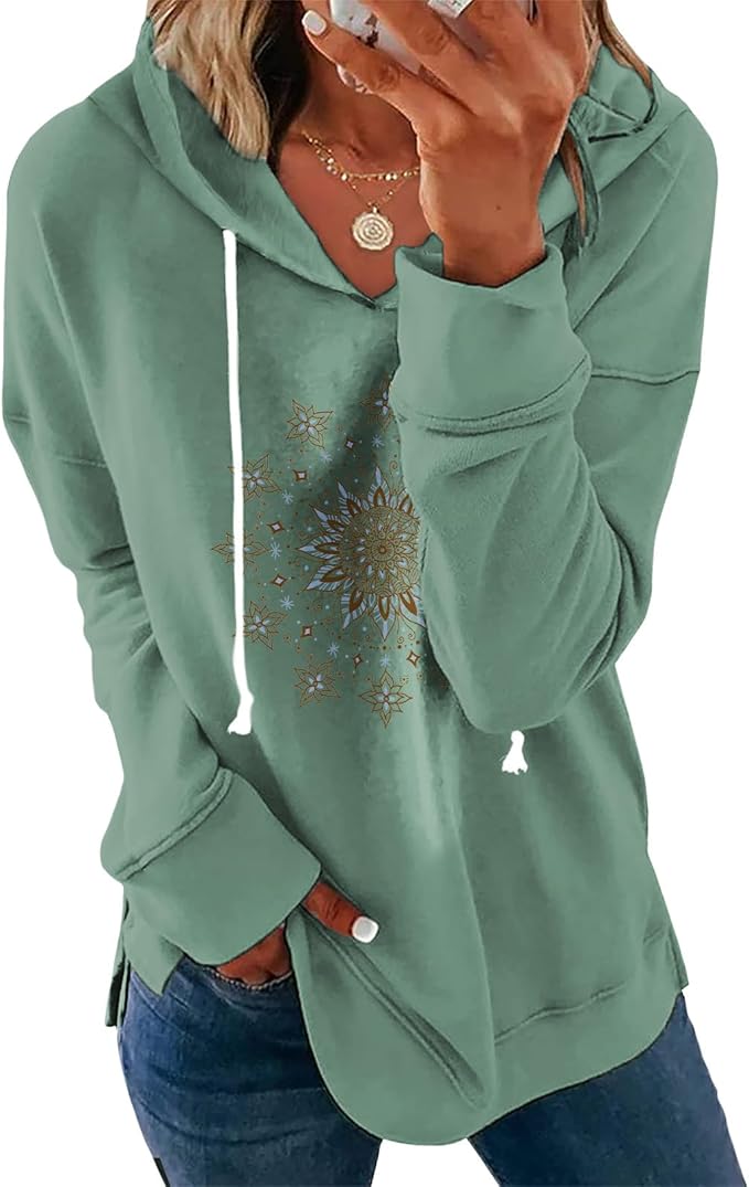 Women's Brown Mandala Print Hoodie Long Sleeve Loose Fit Tunic Top with Drawstring Side Split for Fall Winter