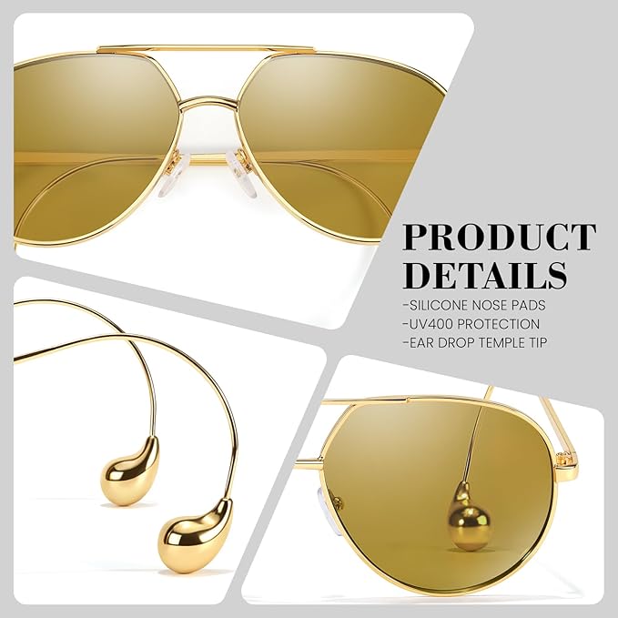SODQW Trendy Aviator Sunglasses for Women with Earring Gold Metal Frame Fashion Sun Glasses