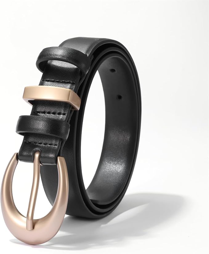 Women's Cow Leather Belt for Jeans Pants Fashion Ladies Skinny Dress Waist belt with Gold Buckle
