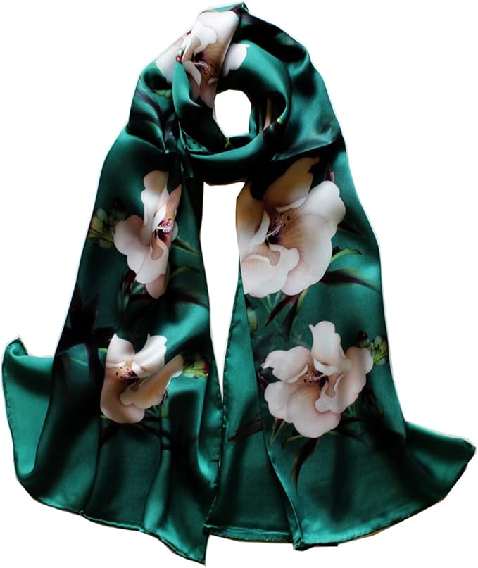 100% Mulberry Silk Scarfs for Women Floral Print Satin Long Scarf for Headscarf Hair Wraps Shawl with Gift Packed