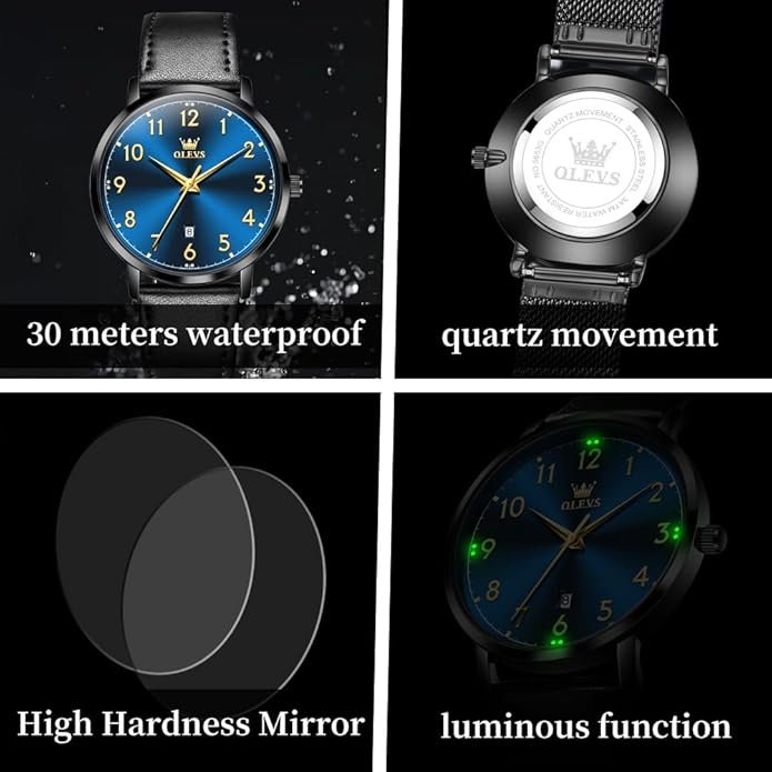 OLEVS Mens Watches, Casual Leather Watches for Men Easy to Read Quartz Number Watch with Date Waterproof Blue/Black/Silver Face Men's Wrist Watches…