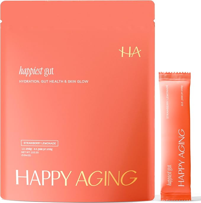 Happy Aging Happiest Gut Hydration Powder – Electrolytes + Probiotics + Dual Prebiotics + Hyaluronic Acid – Gut Balance, Skin Hydration & Daily Wellness – 12 Sticks (Strawberry Lemonade)