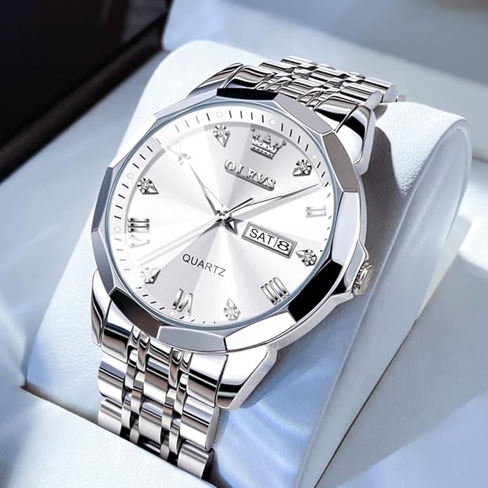Men's Casual Stainless Steel Watch, Big Face Easy to Read Analog Quartz Watch with Day and Date, Classic Waterproof Diamond Roman Arabic Numerals Dial Dress Watch for Men, Gold Silver Black Band
