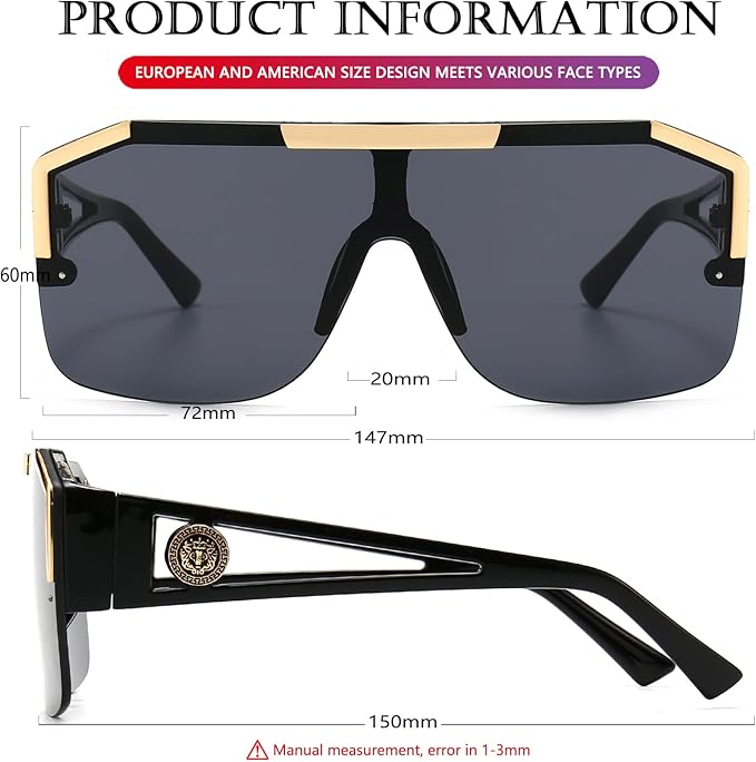 AIEYEZO Square Oversized Sunglasses Flat Top Shield Sun Glasses for Men Women One Lens Square Shades