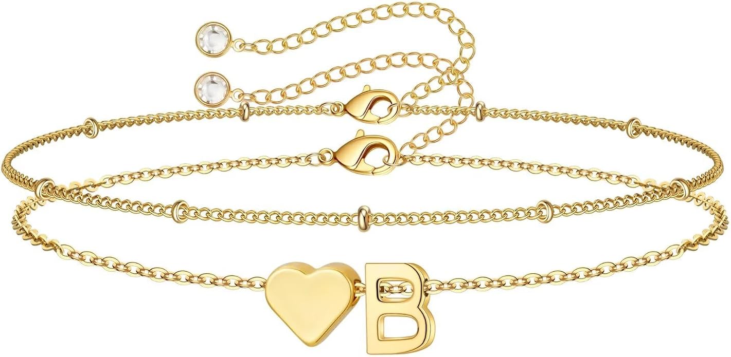 M MOOHAM Valentines Day Gifts for Kids Teen Girls -14K-Gold-Plated Heart Initial A-Z Bracelets for Women Girl Dainty Gold Bracelets Birthday Valentines Gifts for Women Her Teenage Girls Kid Teen Gift
